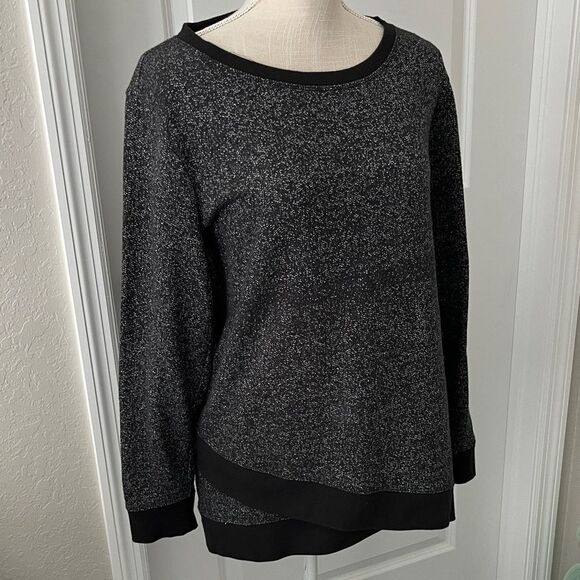 Liz Claiborne Black /White Heathered Crew Neck Sweatshirt Double Front Hem SZ L - Picture 1 of 5
